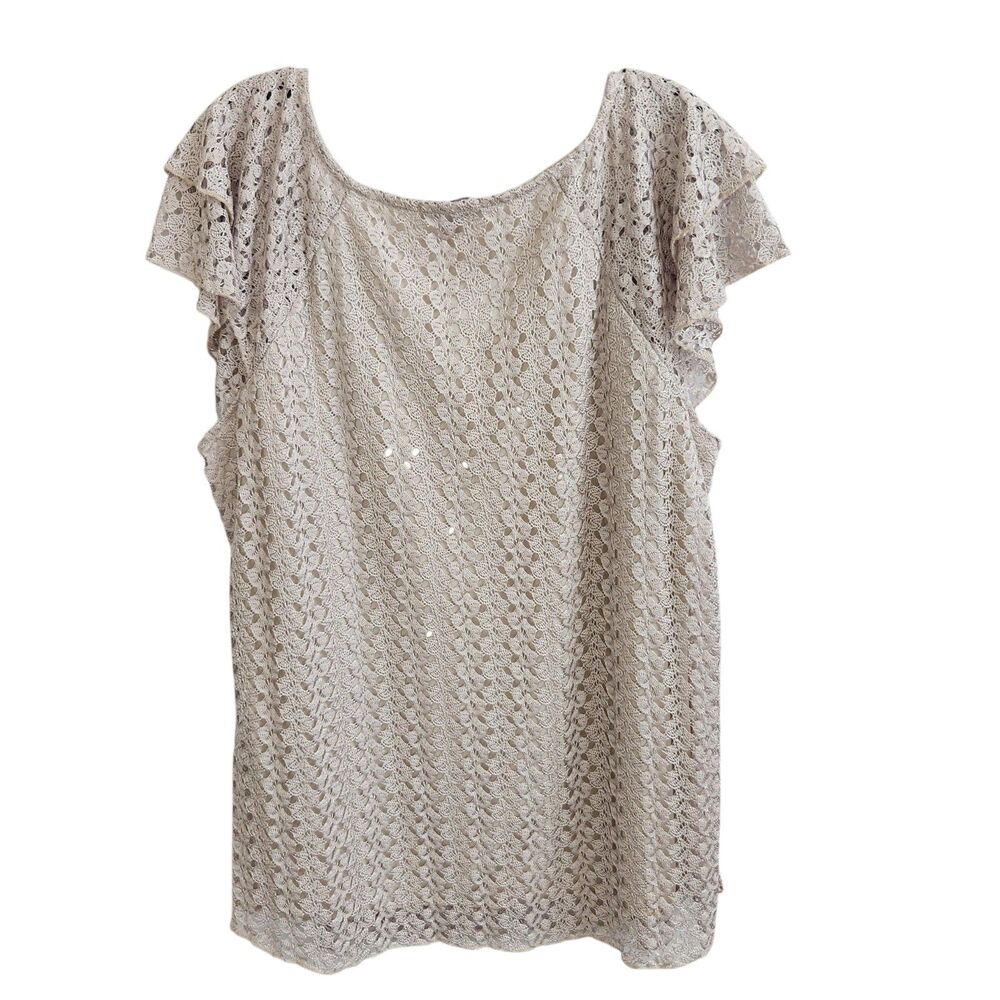Roz & Ali-2X-Boho-Beige-Crochet Knit Top-Layered Flutter Sleeve-Coastal Grandma - Picture 5 of 10